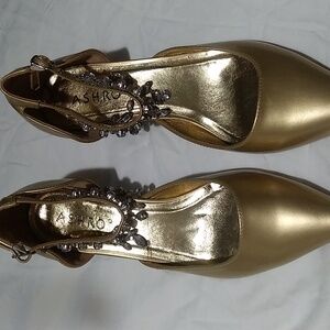 Gold patent leather rhinestone ankle strap pointed toe shoes 10m